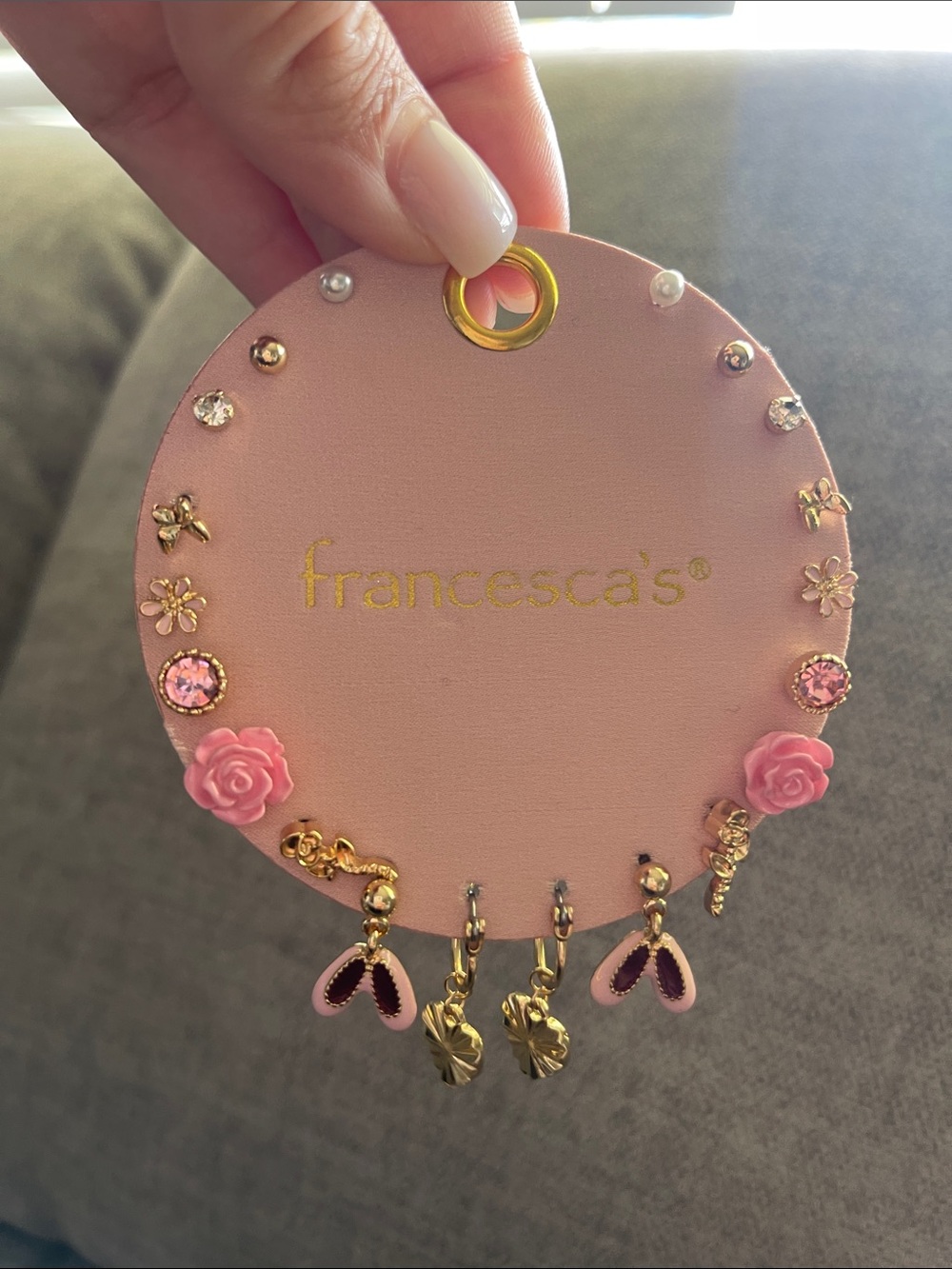 Francesca's Pink and Gold Floral Stud & Charm Earring Set